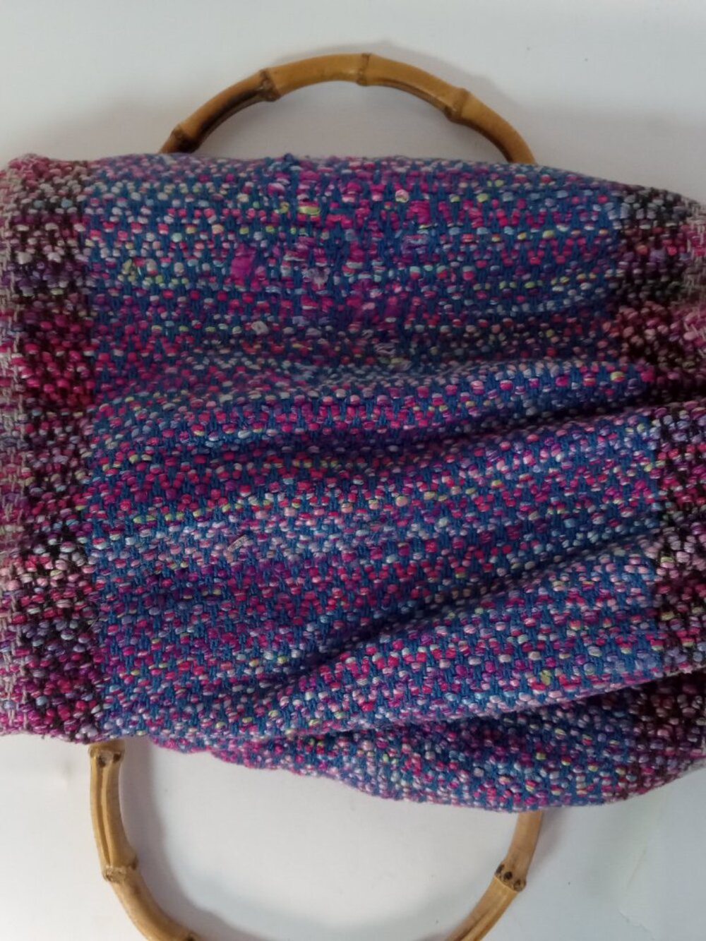 Vintage Hand Woven Fabric Textile Handbag Purse Pink Blue Bamboo Handles - Picture 15 of 15